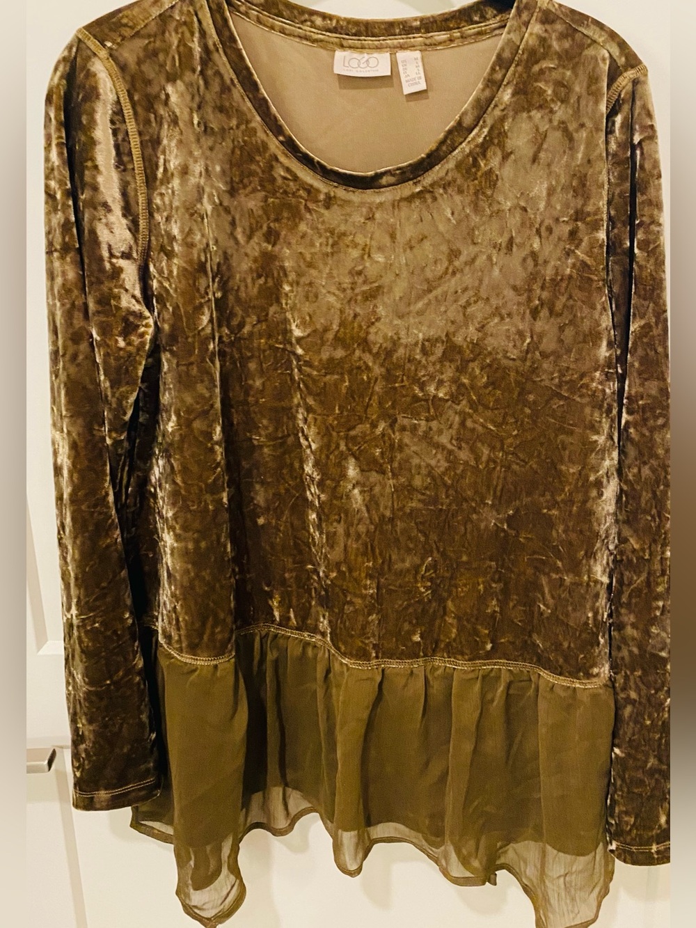 LOGO by Lori Goldstein Olive Velvet Long Sleeve Top with Sheer Ruffle Hem